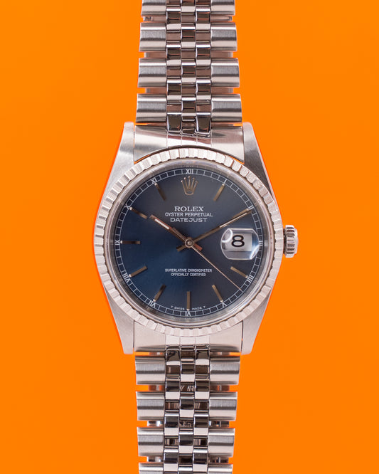 Rolex Datejust 36mm 16220 Blue Dial Engine Turn Bezel Jubilee