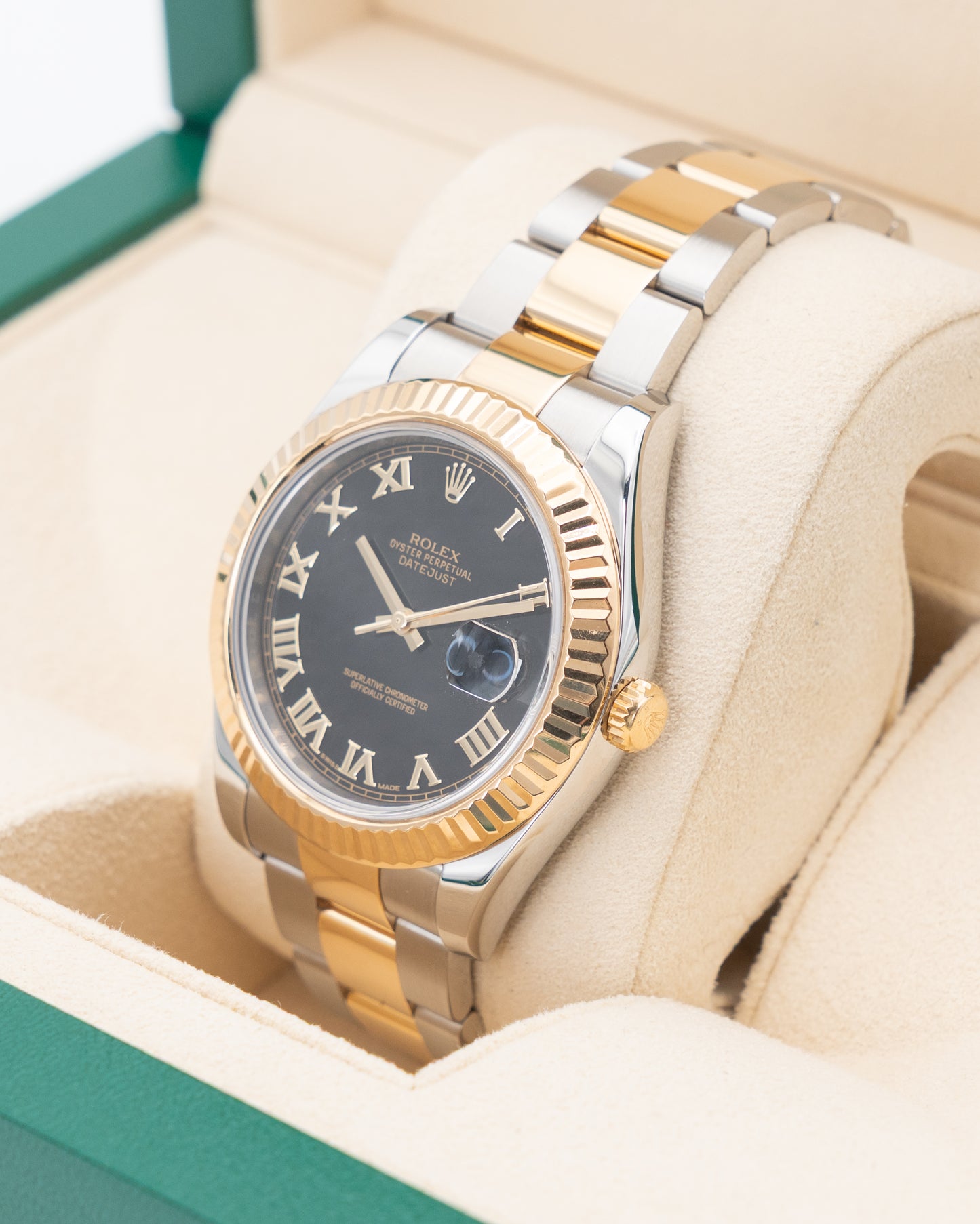 Rolex Datejust 41mm 116333 Two Tone Yellow Gold Black Roman Dial Fluted Oyster