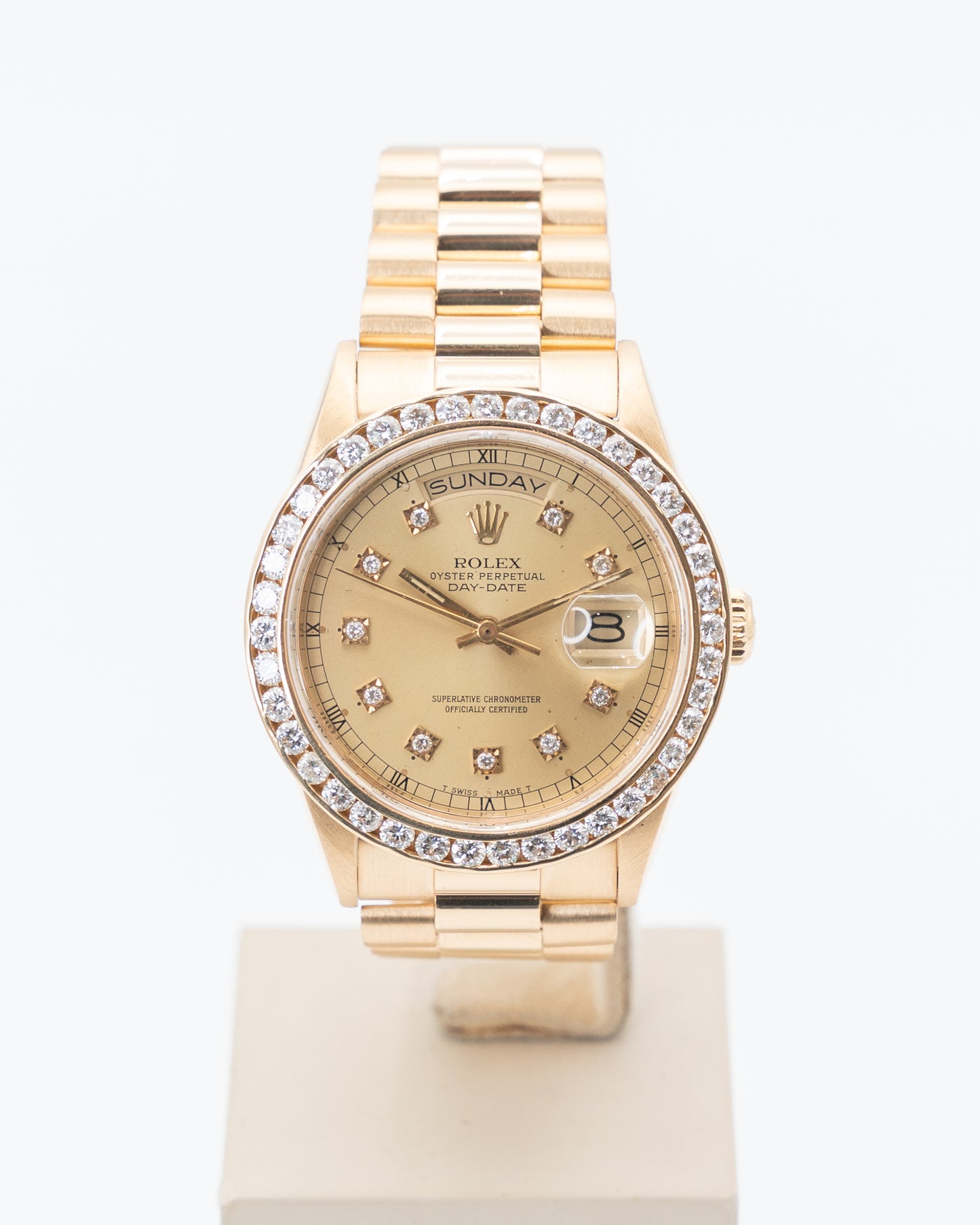 Rolex DayDate 36mm 18038 Yellow Gold Aftermarket Champagne Diamond Dial and Bezel