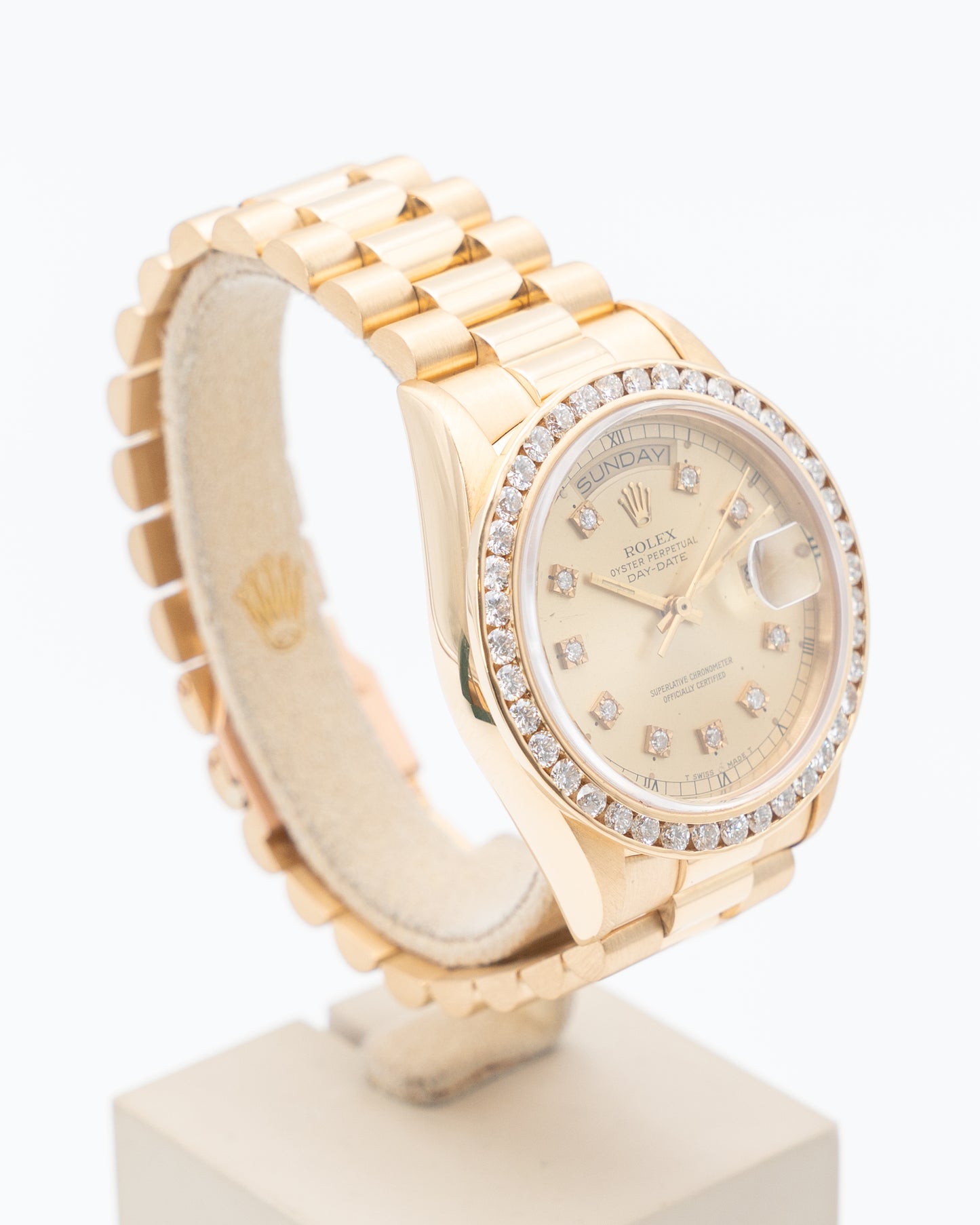 Rolex DayDate 36mm 18038 Yellow Gold Aftermarket Champagne Diamond Dial and Bezel