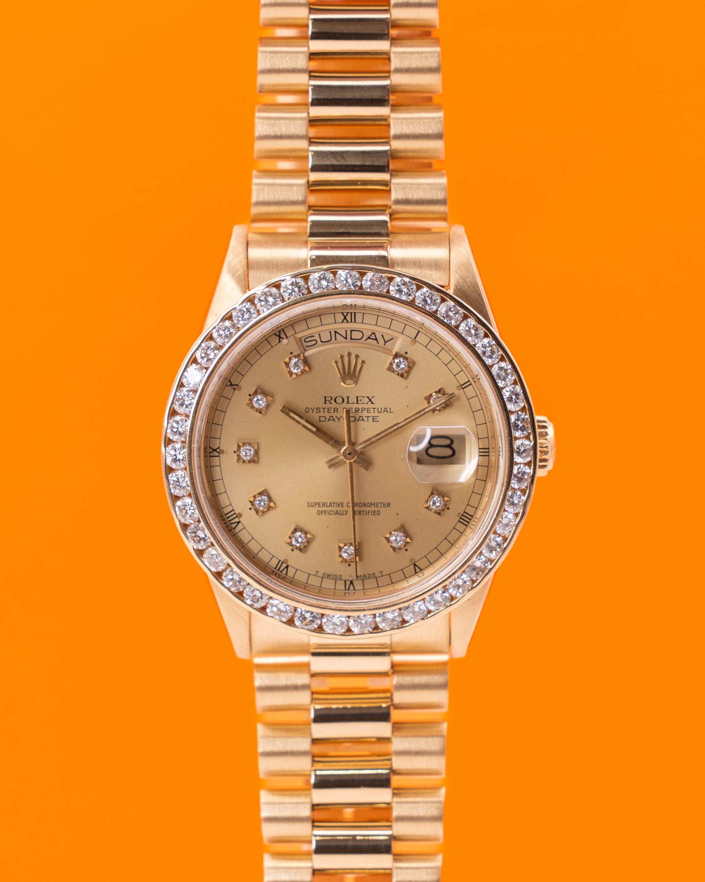 Rolex DayDate 36mm 18038 Yellow Gold Aftermarket Champagne Diamond Dial and Bezel