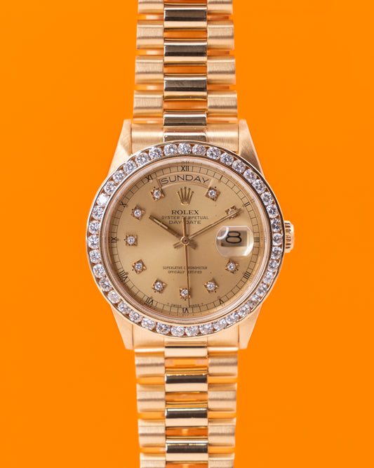 Rolex DayDate 36mm 18038 Yellow Gold Aftermarket Champagne Diamond Dial and Bezel