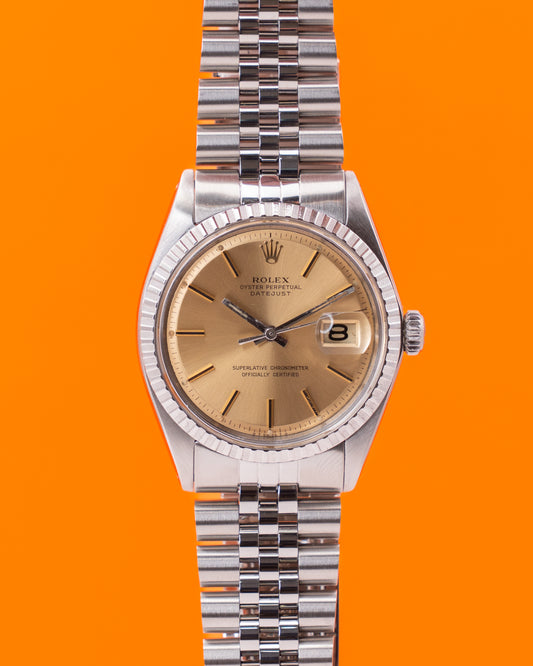 Rolex Datejust 36mm 1603 Champagne Dial Engine Turn Bezel Stainless Steel Jubilee
