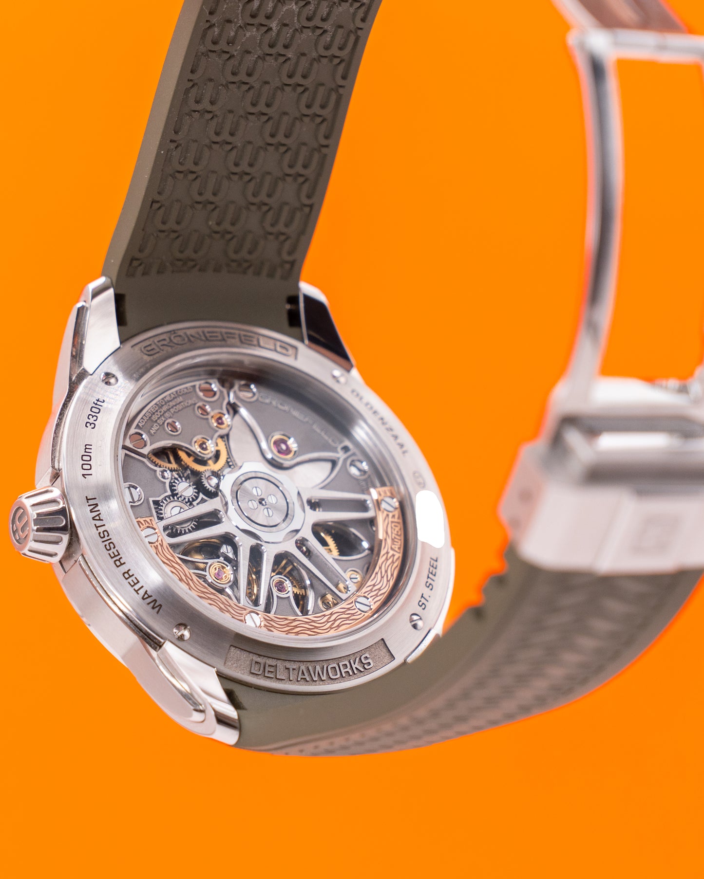 Grönefeld 44.5mm 1969 DeltaWorks Olive Strap Stainless Steel Inserts White Salmon Dial 2023
