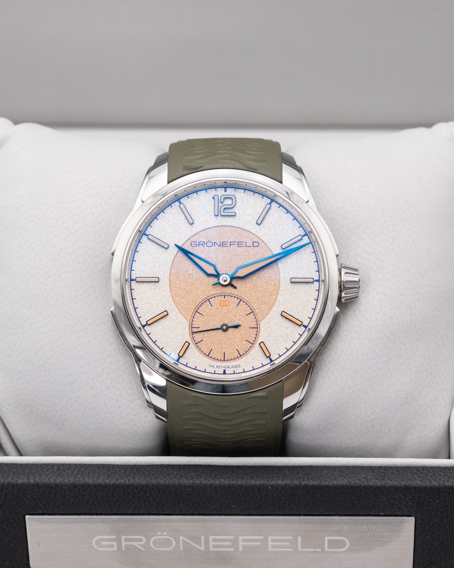 Grönefeld 44.5mm 1969 DeltaWorks Olive Strap Stainless Steel Inserts White Salmon Dial 2023