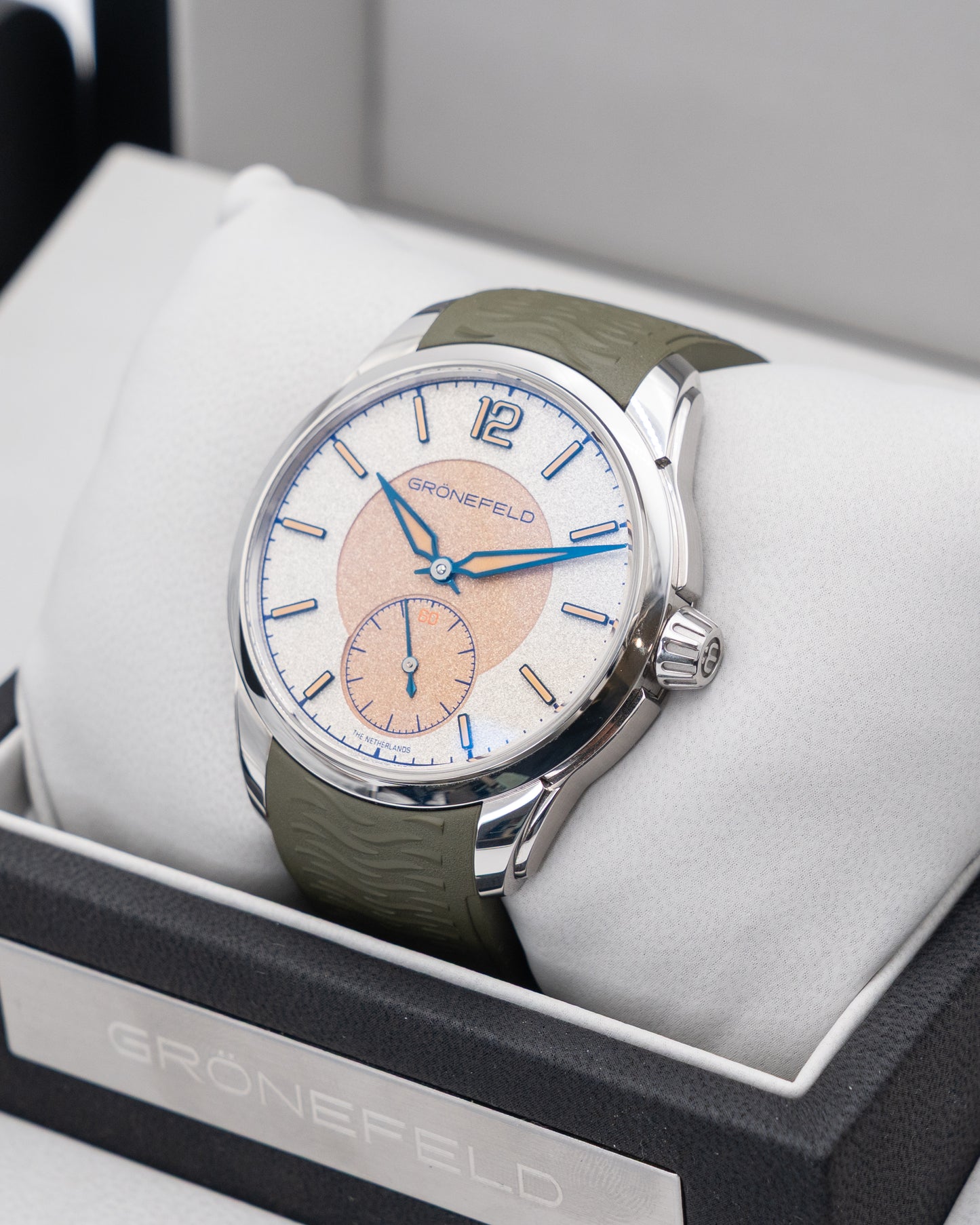 Grönefeld 44.5mm 1969 DeltaWorks Olive Strap Stainless Steel Inserts White Salmon Dial 2023