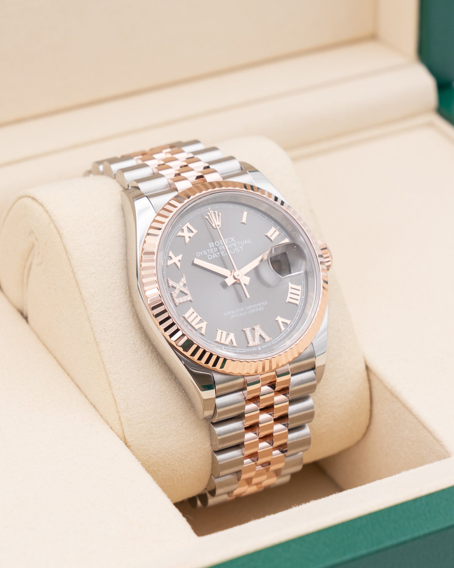 Rolex Datejust 126231 36mm Stainless Steel / Everose / Fluted / Dark Rhodium Diamond Roman / Jubilee 2025