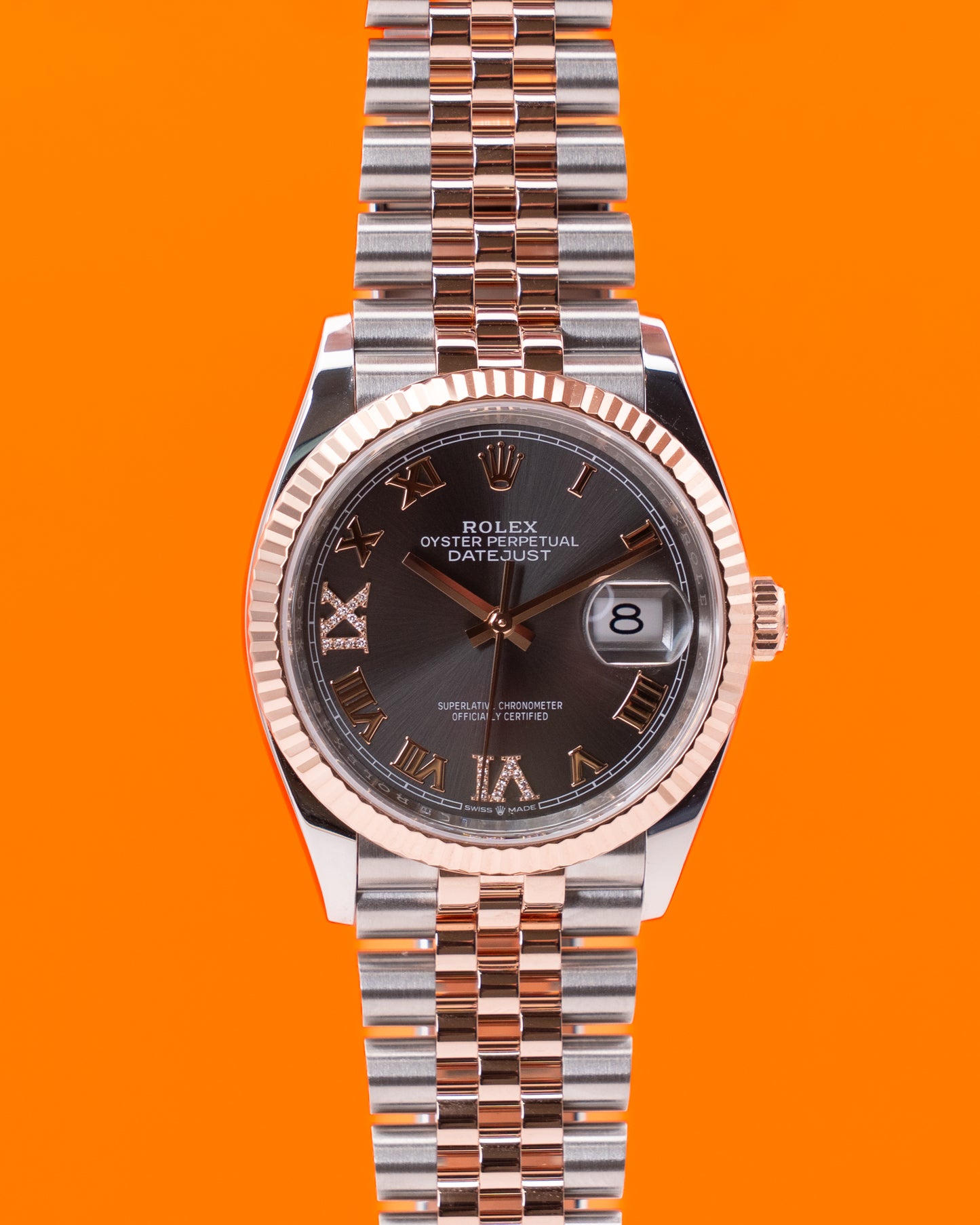 Rolex Datejust 126231 36mm Stainless Steel / Everose / Fluted / Dark Rhodium Diamond Roman / Jubilee 2025