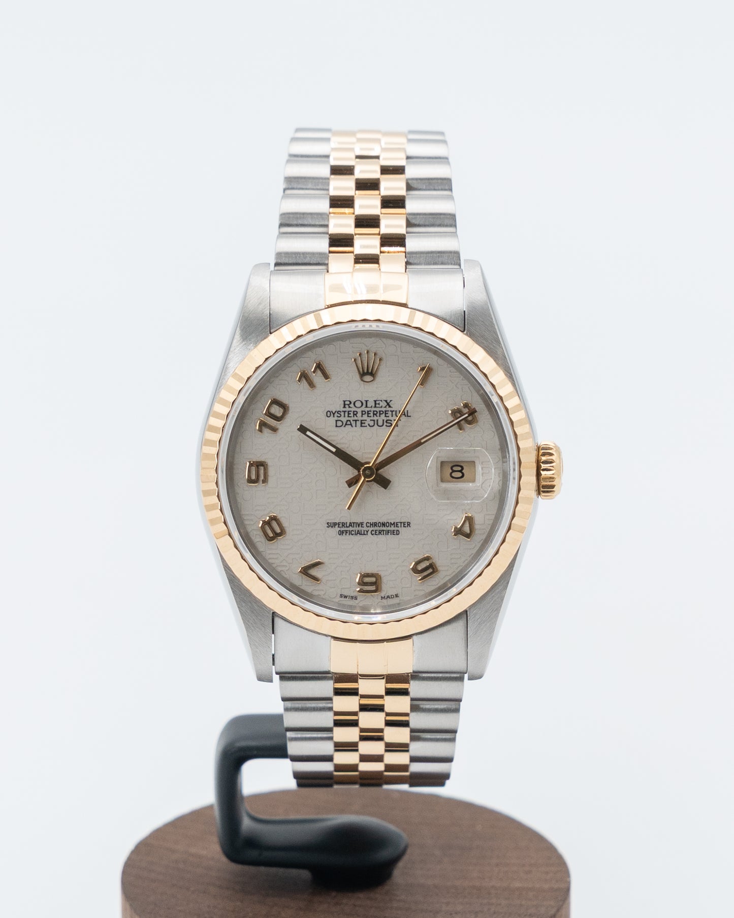 Rolex Datejust 36mm 16233 White Arabic Motif Dial Two Tone Yellow Gold Fluted Jubilee