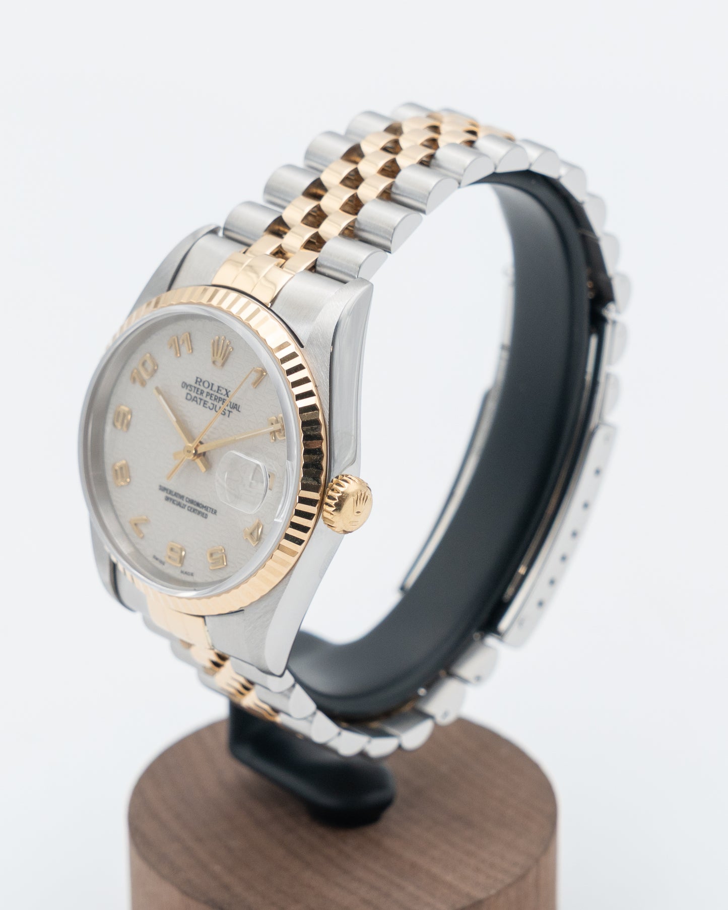 Rolex Datejust 36mm 16233 White Arabic Motif Dial Two Tone Yellow Gold Fluted Jubilee