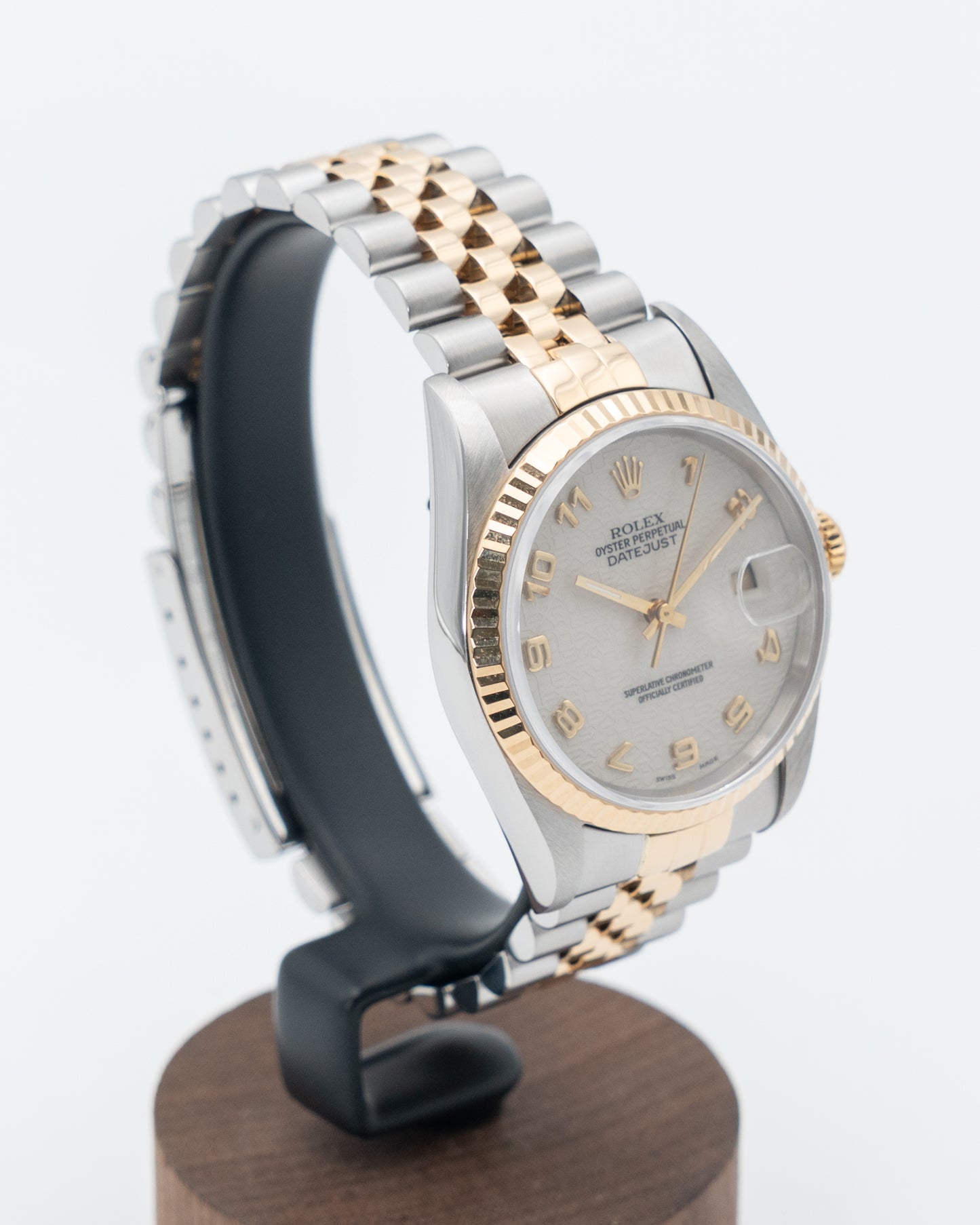 Rolex Datejust 36mm 16233 White Arabic Motif Dial Two Tone Yellow Gold Fluted Jubilee