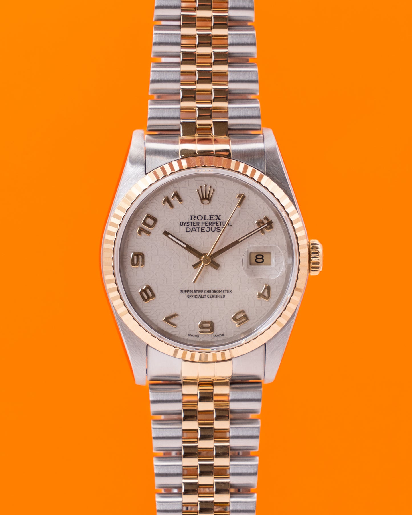 Rolex Datejust 36mm 16233 White Arabic Motif Dial Two Tone Yellow Gold Fluted Jubilee