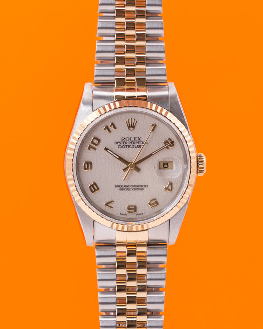 Rolex Datejust 36mm 16233 White Arabic Motif Dial Two Tone Yellow Gold Fluted Jubilee