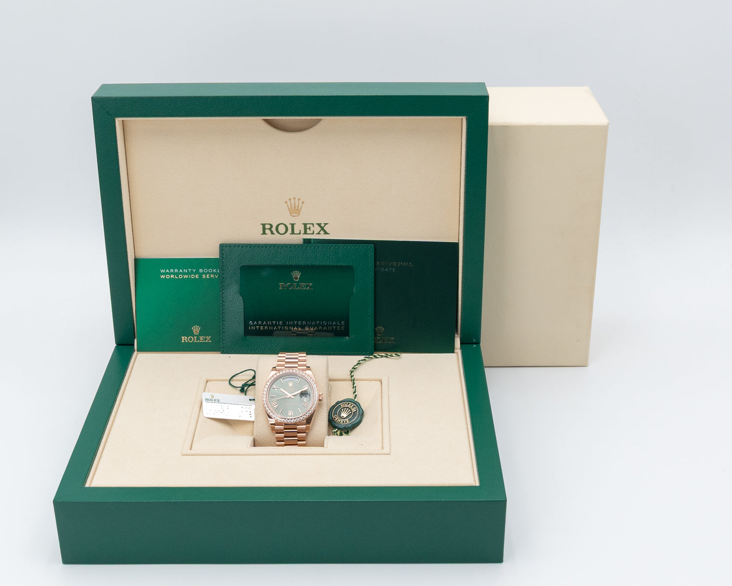 Rolex Day Date 40mm 228345RBR Rose Gold Olive Dial Diamond Bezel 2023