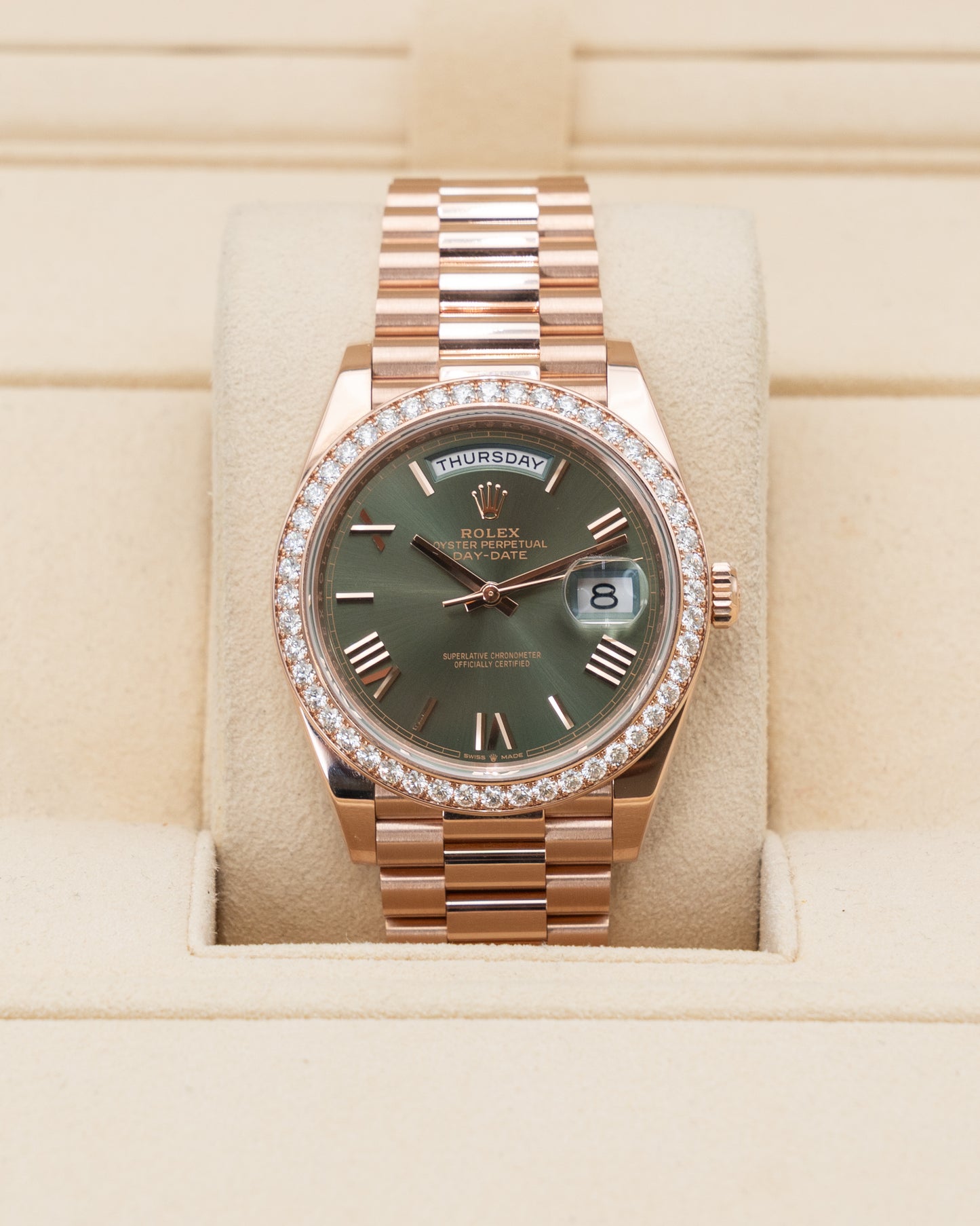 Rolex Day Date 40mm 228345RBR Rose Gold Olive Dial Diamond Bezel 2023