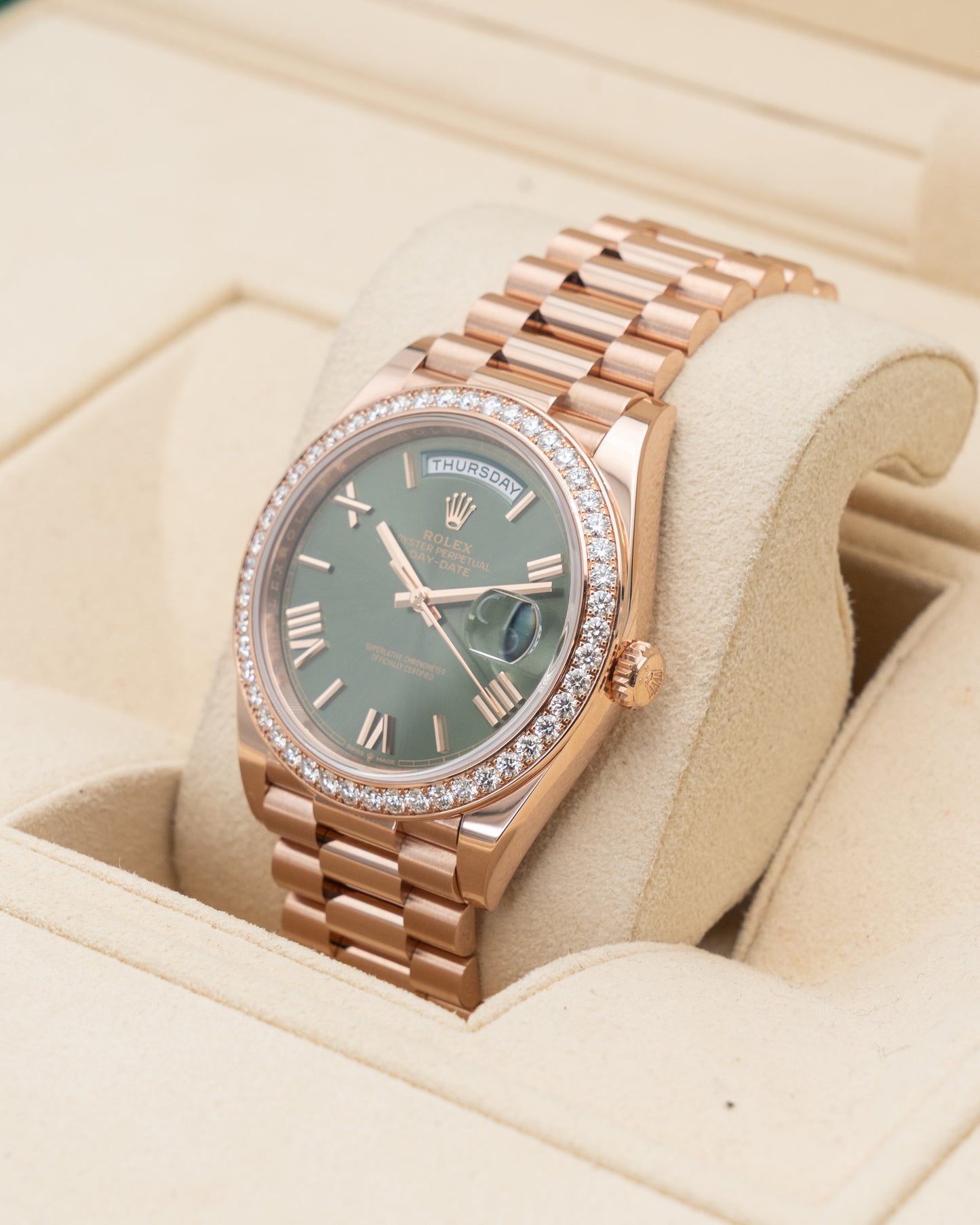 Rolex Day Date 40mm 228345RBR Rose Gold Olive Dial Diamond Bezel 2023
