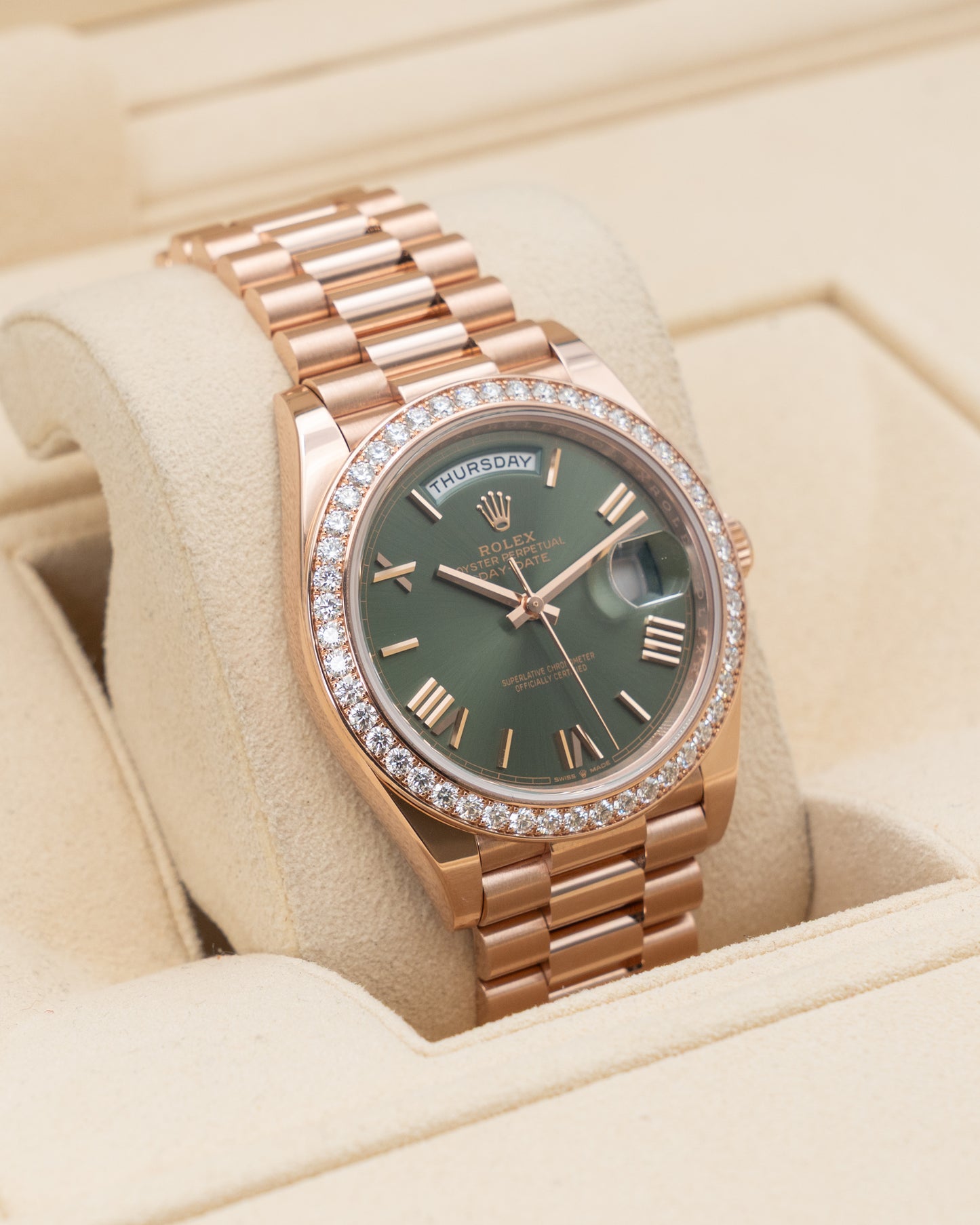 Rolex Day Date 40mm 228345RBR Rose Gold Olive Dial Diamond Bezel 2023