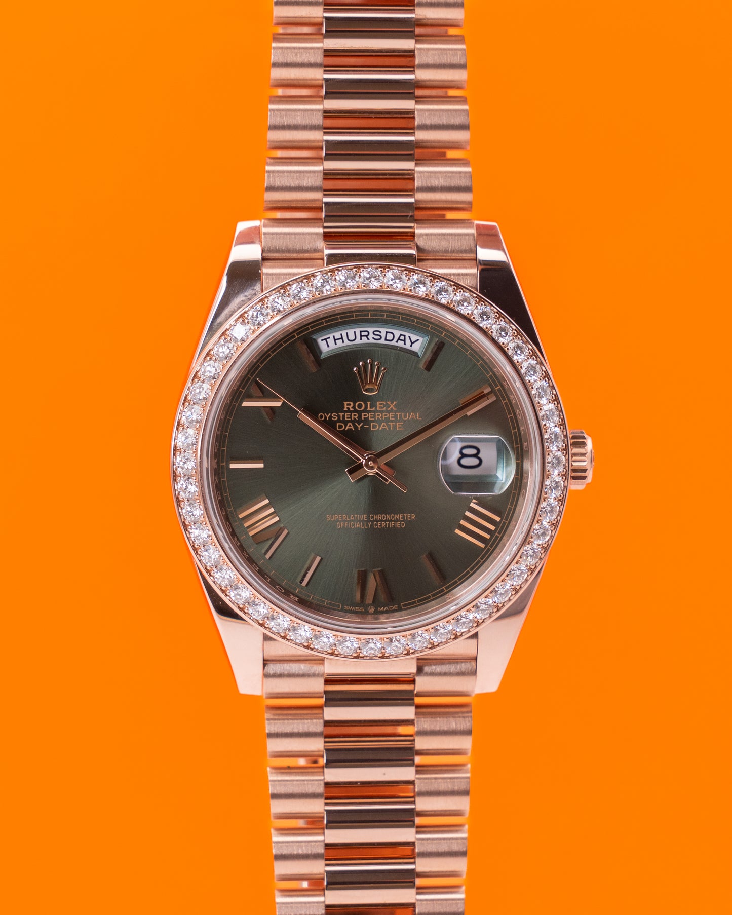 Rolex Day Date 40mm 228345RBR Rose Gold Olive Dial Diamond Bezel 2023