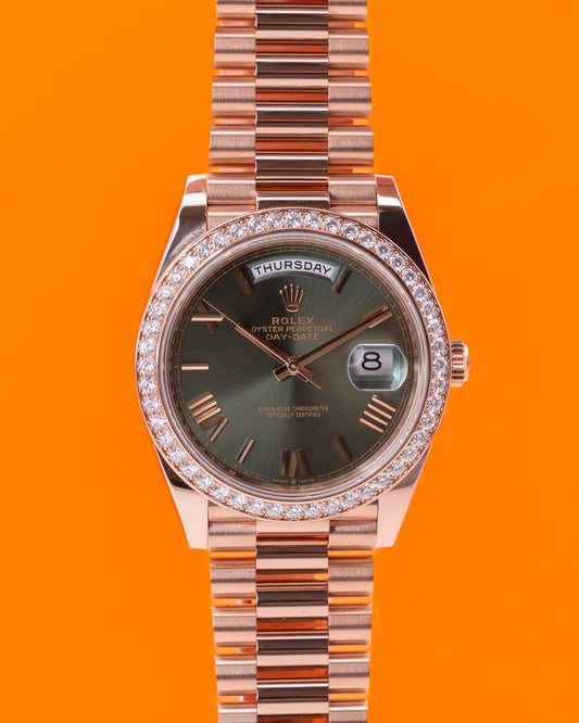 Rolex Day Date 40mm 228345RBR Rose Gold Olive Dial Diamond Bezel 2023