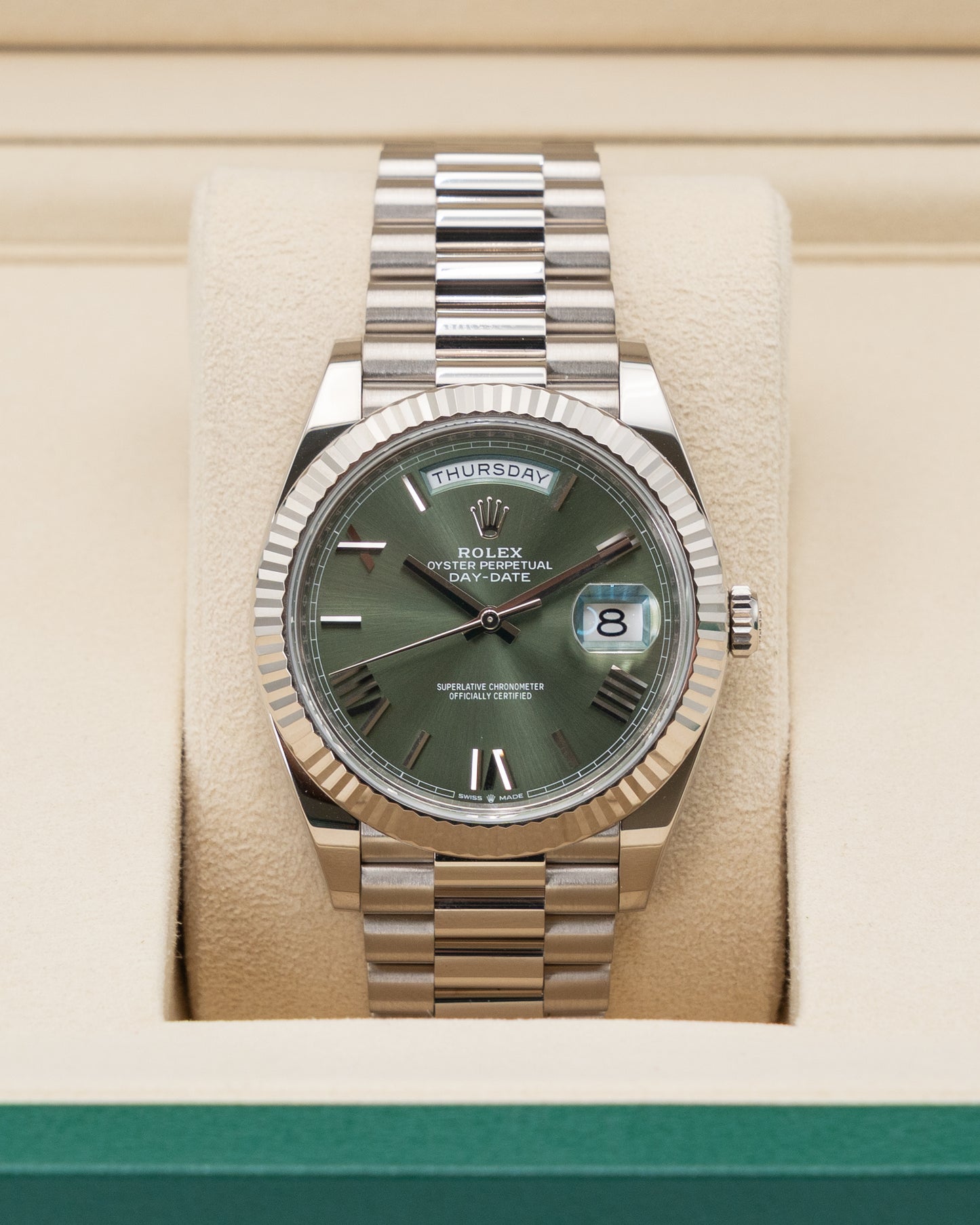 Rolex Day Date 40mm 228239 White Gold Green Roman Dial 2025