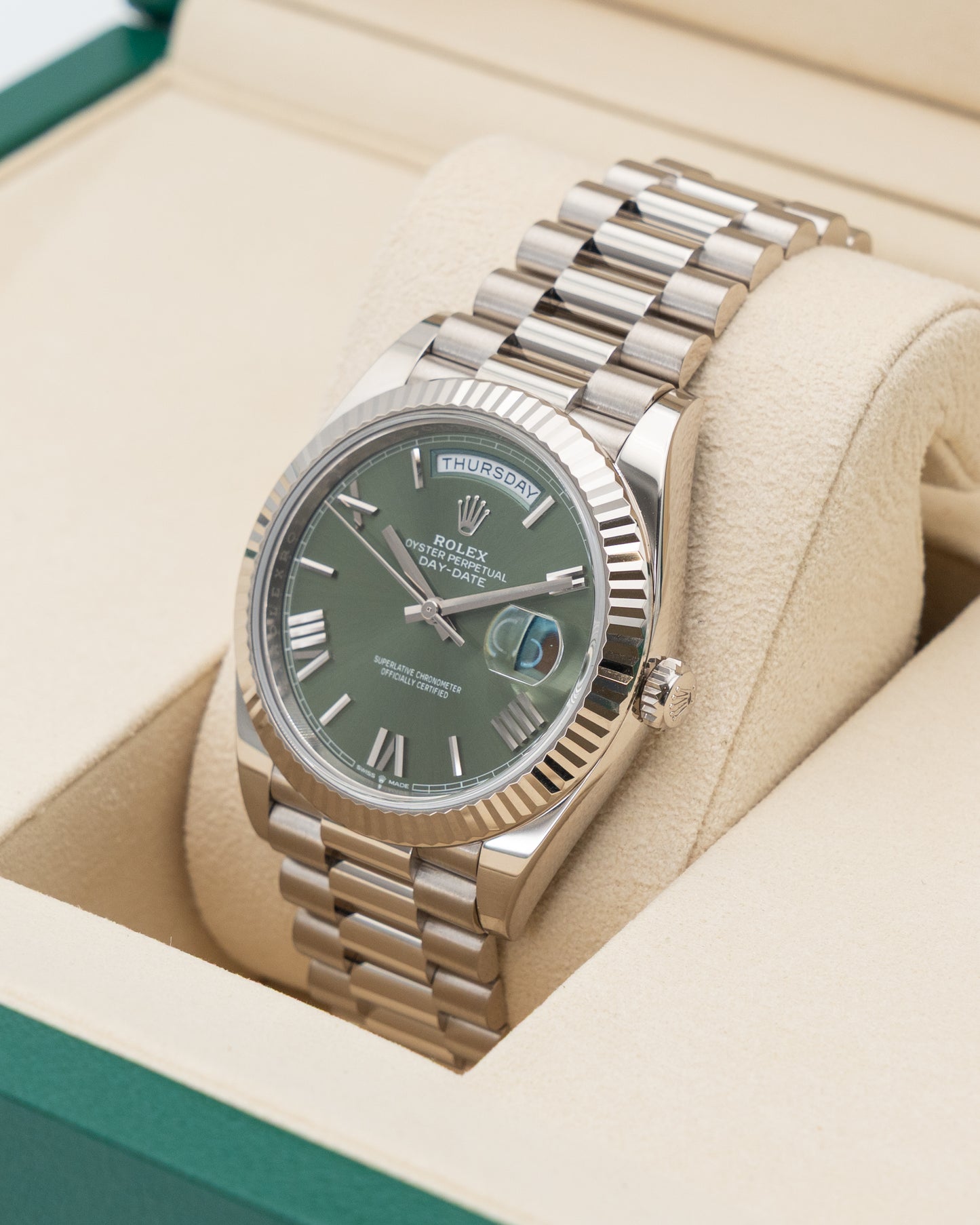 Rolex Day Date 40mm 228239 White Gold Green Roman Dial 2025