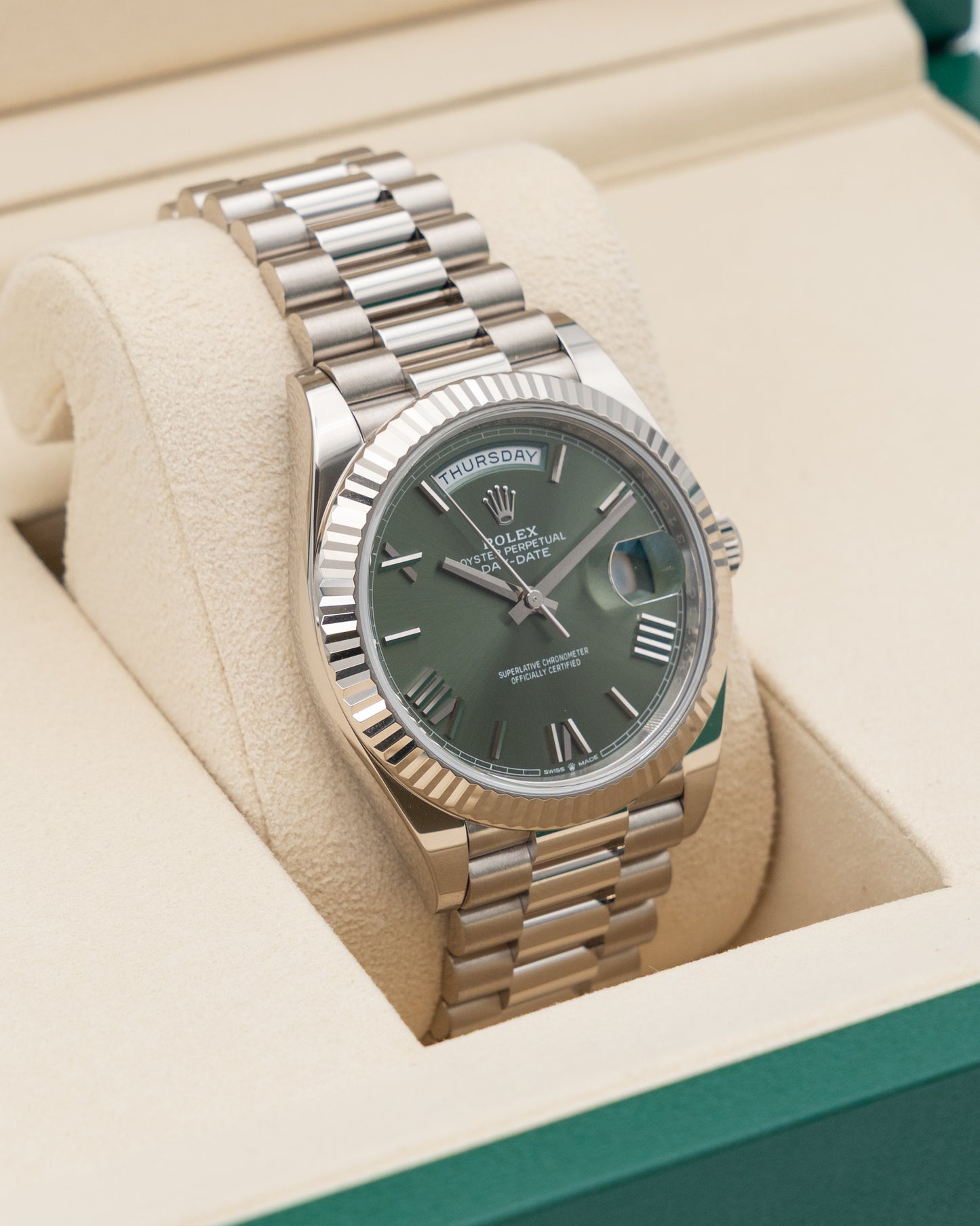 Rolex Day Date 40mm 228239 White Gold Green Roman Dial 2025