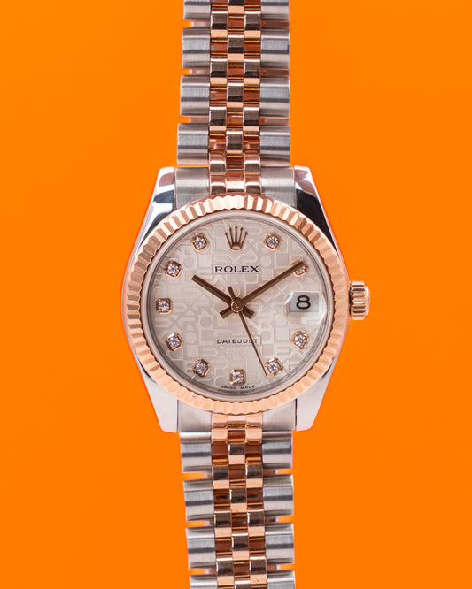 Rolex Datejust 31mm 178271 Silver Rolex Motif Diamond Dial Fluted Jubilee Two Tone Rose Gold