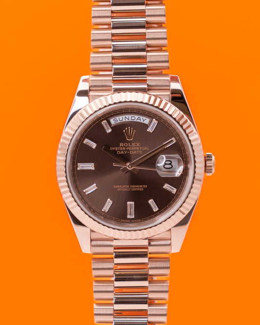 Rolex DayDate 40mm 228235 Rose Gold Chocolate Dial Baguette Diamond Markers 2016