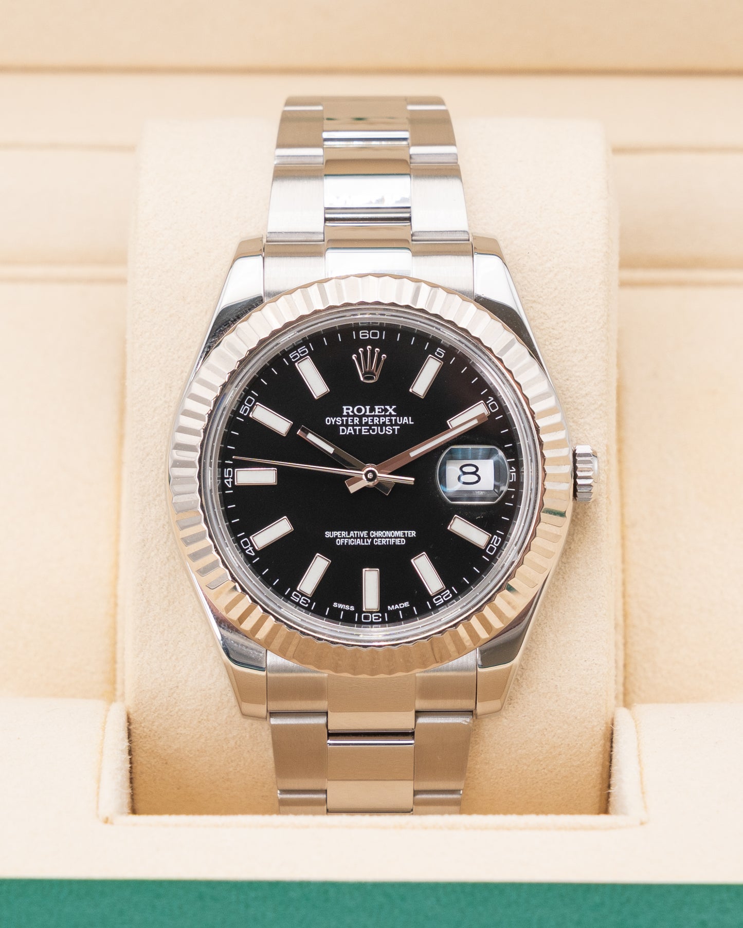 CPO Rolex Datejust 41mm 116334 Black Stick Dial Fluted Oyster 2015