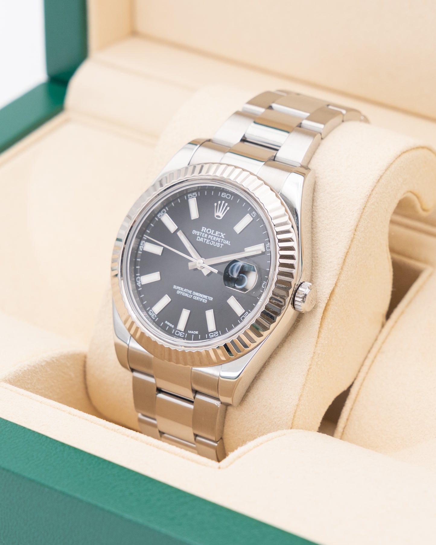 CPO Rolex Datejust 41mm 116334 Black Stick Dial Fluted Oyster 2015