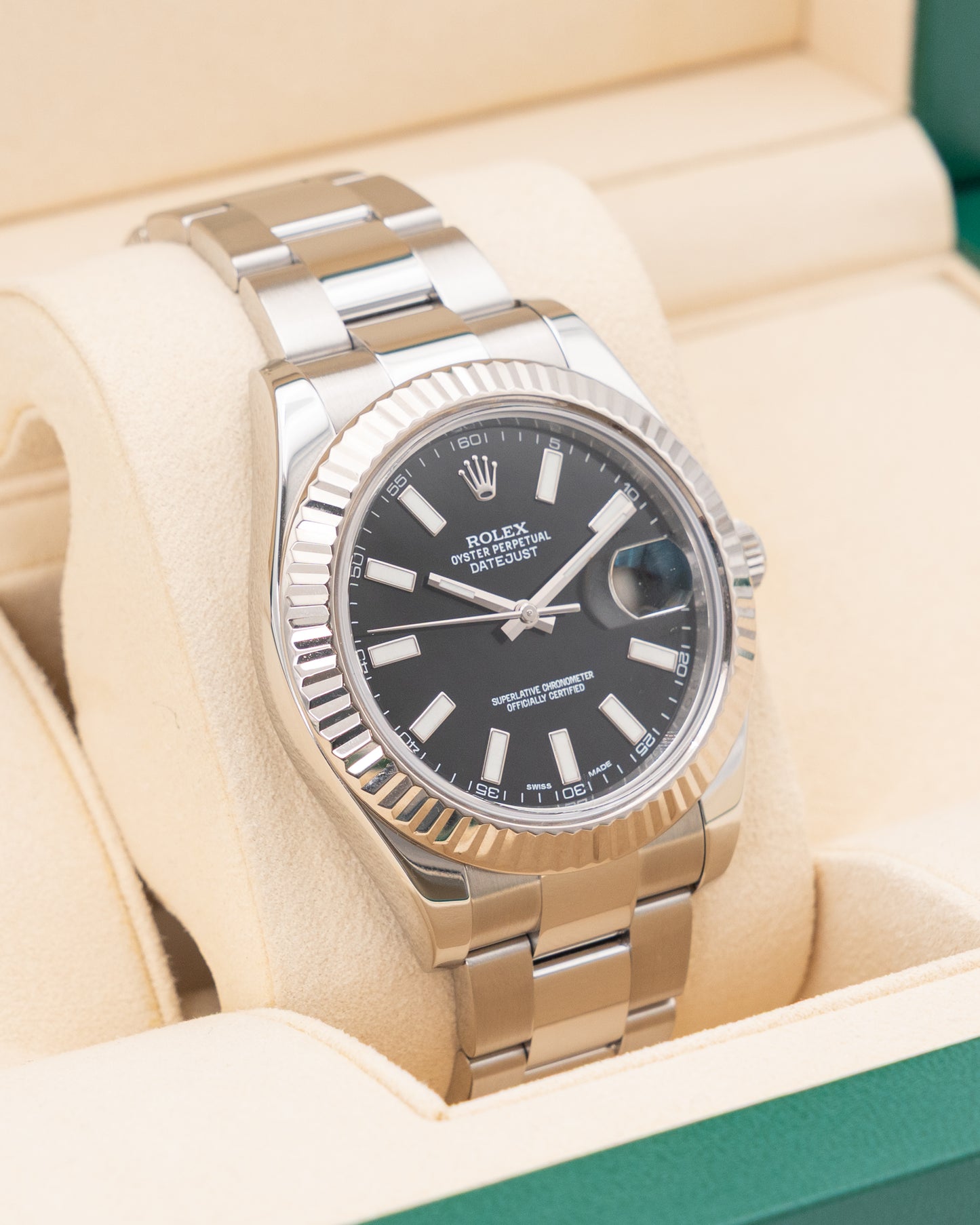 CPO Rolex Datejust 41mm 116334 Black Stick Dial Fluted Oyster 2015