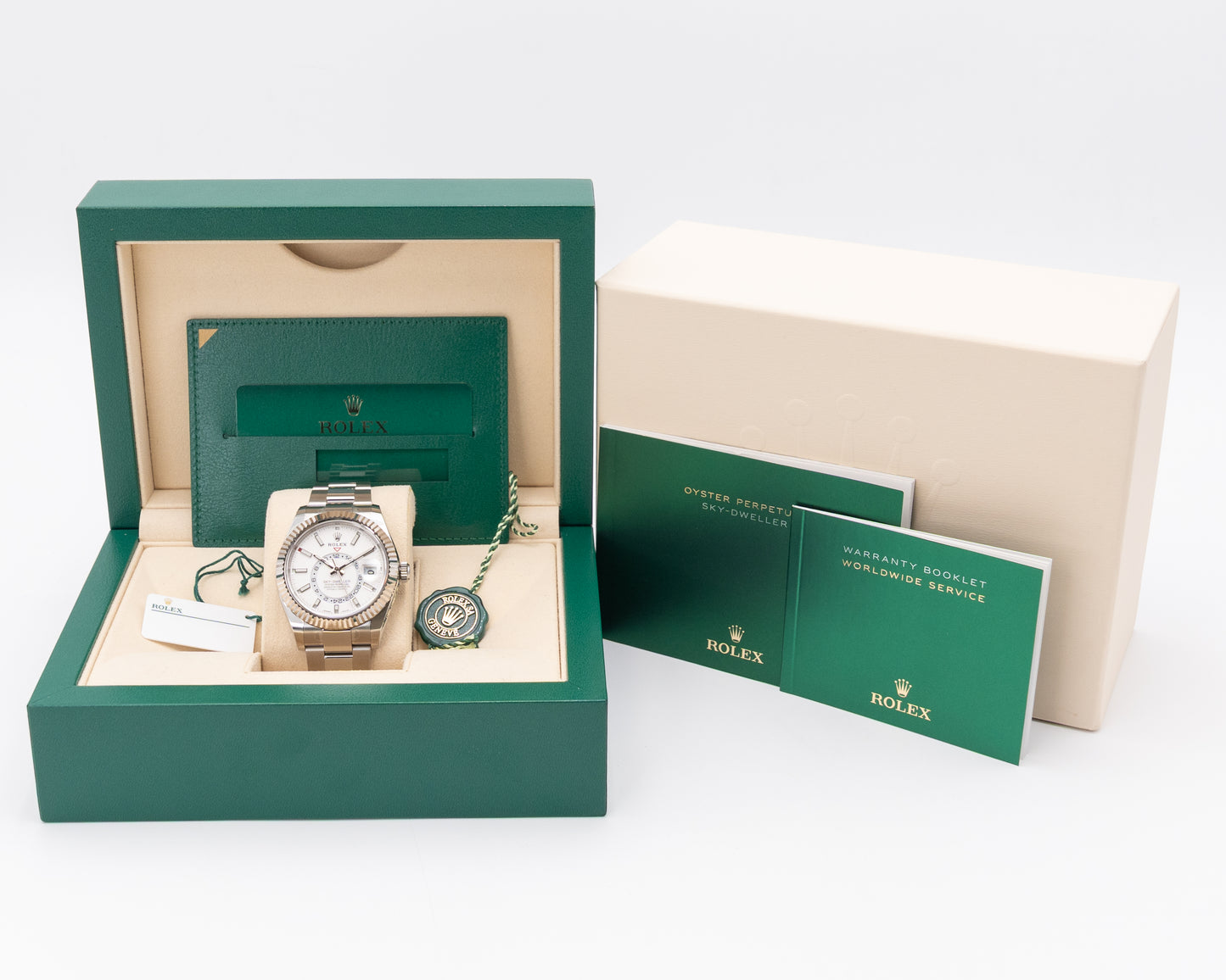 UNWORN NOS STICKERS Rolex Skydweller 42mm 326934 White Fluted Oyster 2020