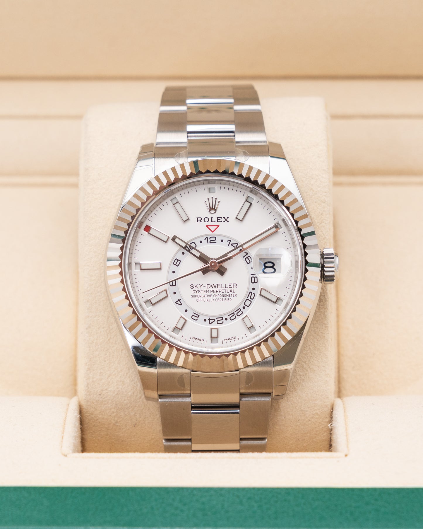 UNWORN NOS STICKERS Rolex Skydweller 42mm 326934 White Fluted Oyster 2020