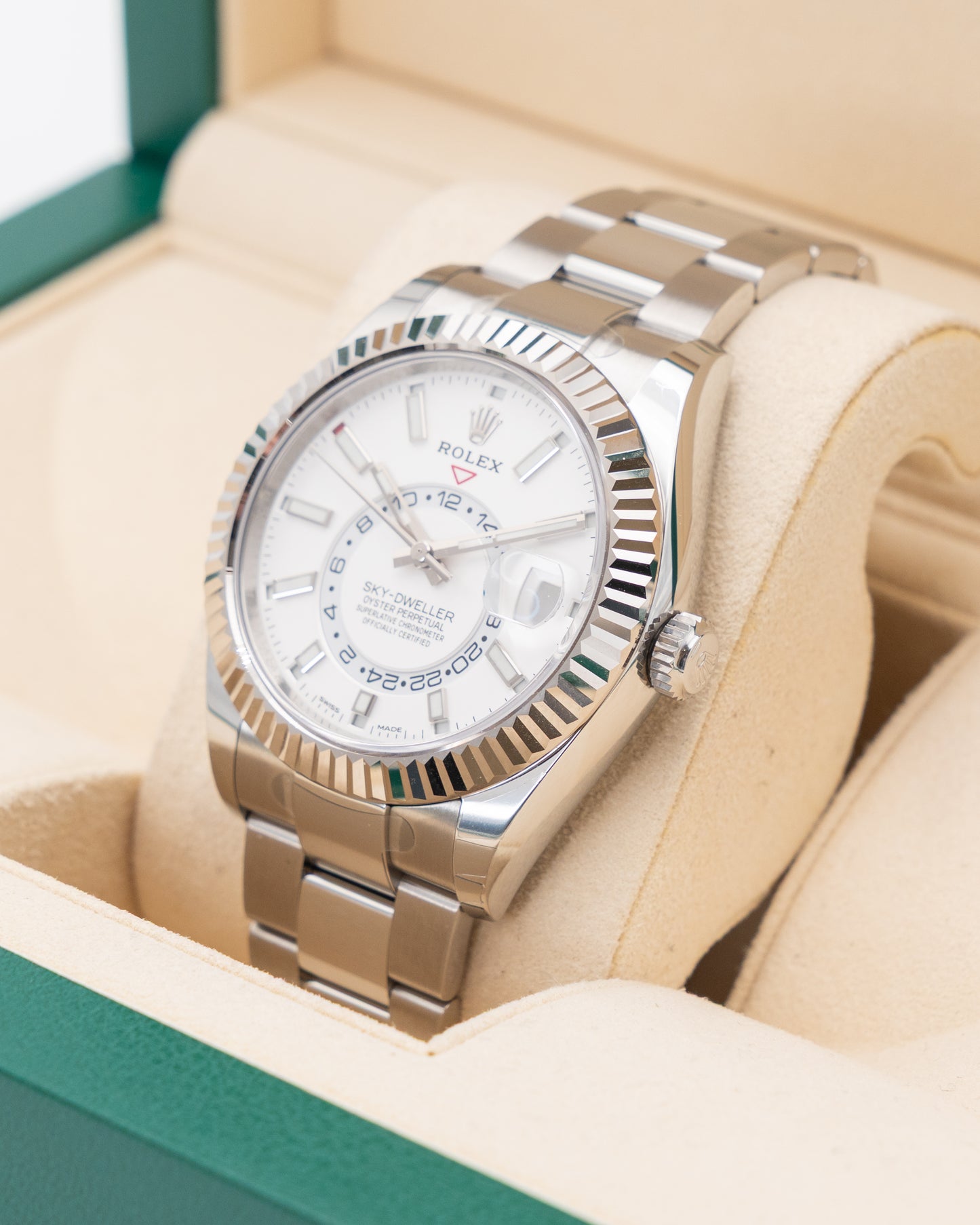 UNWORN NOS STICKERS Rolex Skydweller 42mm 326934 White Fluted Oyster 2020