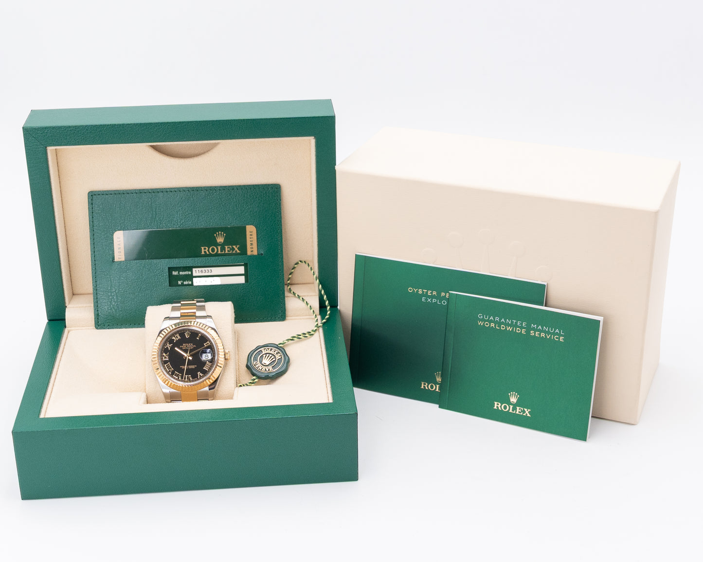 Rolex Datejust II 41mm 116333 Two Tone Yellow Gold Black Roman Dial Fluted Oyster 2010