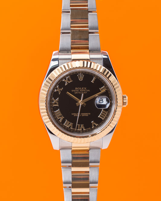 Rolex Datejust II 41mm 116333 Two Tone Yellow Gold Black Roman Dial Fluted Oyster 2010