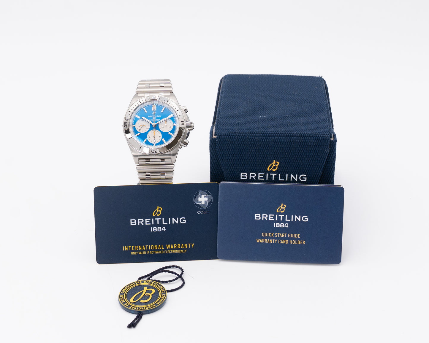 Breitling Chronomat 42mm AB01342B1C8A1 Blue Panda with Orange Hands