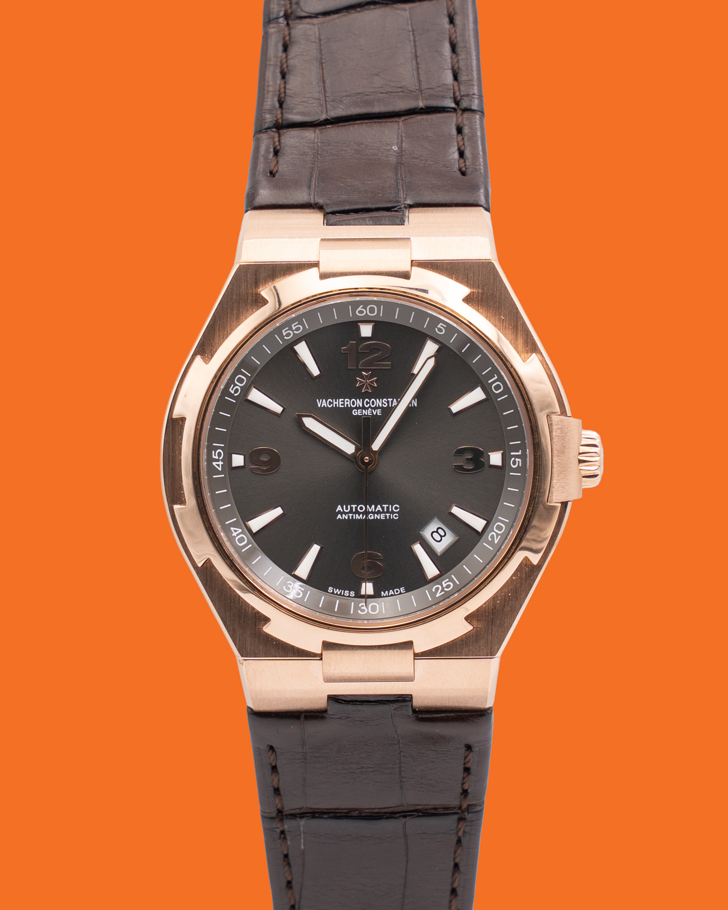 Vacheron Constantin Overseas Date Self-Winding 42mm 47040 Rose Gold Grey Dial Brown leather Strap