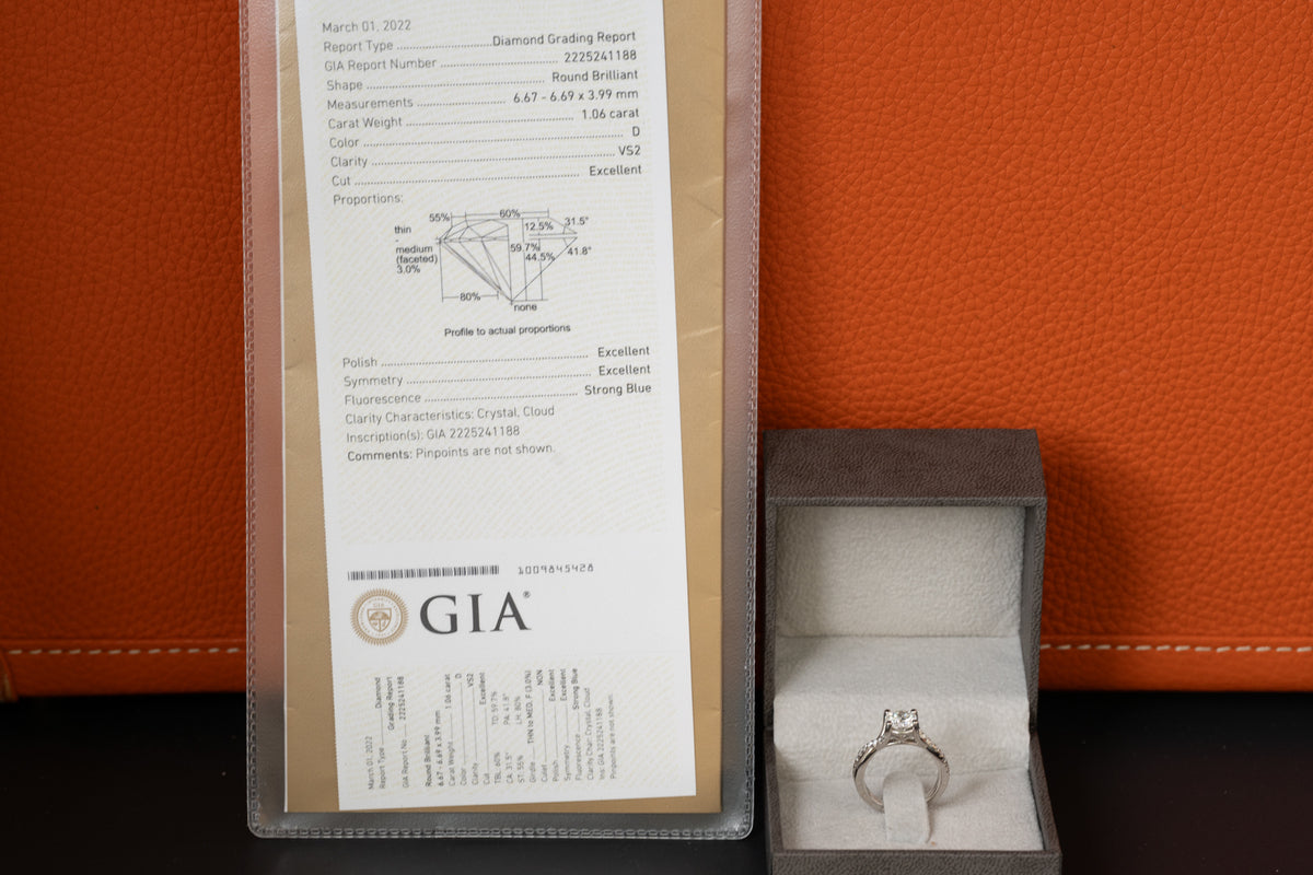 GIA 1.06ct XXX Diamond Ring with Platinum Set VS2 Color D