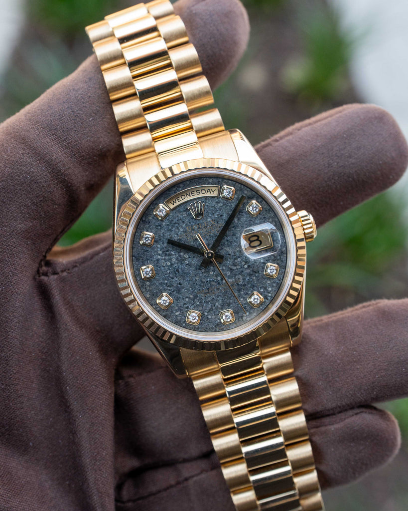 Rolex DayDate 36mm 118238 Fossil / Slate Ammonite Diamond Dial Yellow Gold with papers
