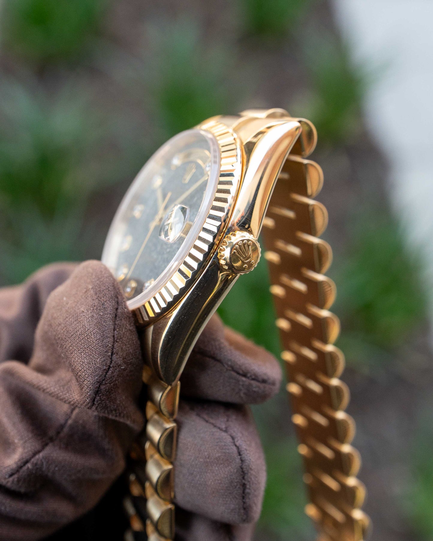 Rolex DayDate 36mm 118238 Fossil / Slate Ammonite Diamond Dial Yellow Gold with papers