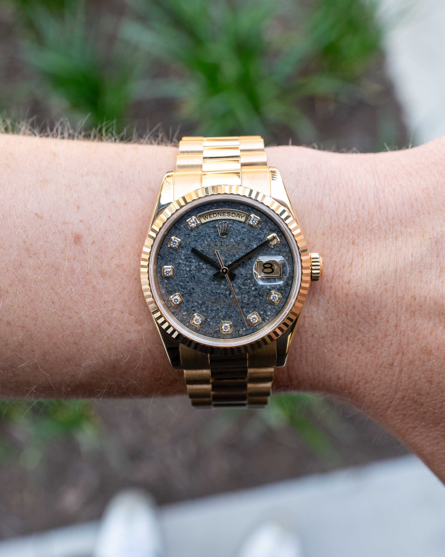 Rolex DayDate 36mm 118238 Fossil / Slate Ammonite Diamond Dial Yellow Gold with papers