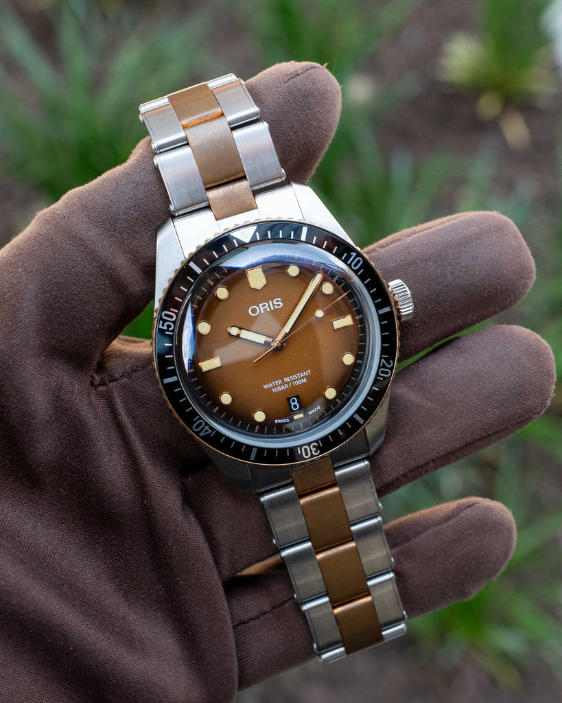 UNWORN Oris Divers Sixty Five 40mm 01 733 7707 4356 Sunset Brown Two Tone Bronze On Bracelet