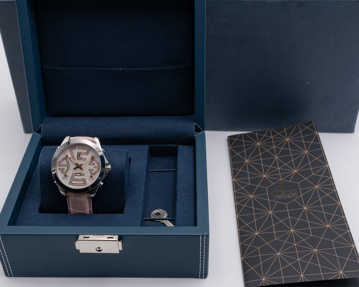 Jacob & Co 47mm Five Time Zone Mother of Pearl on Pink Strap
