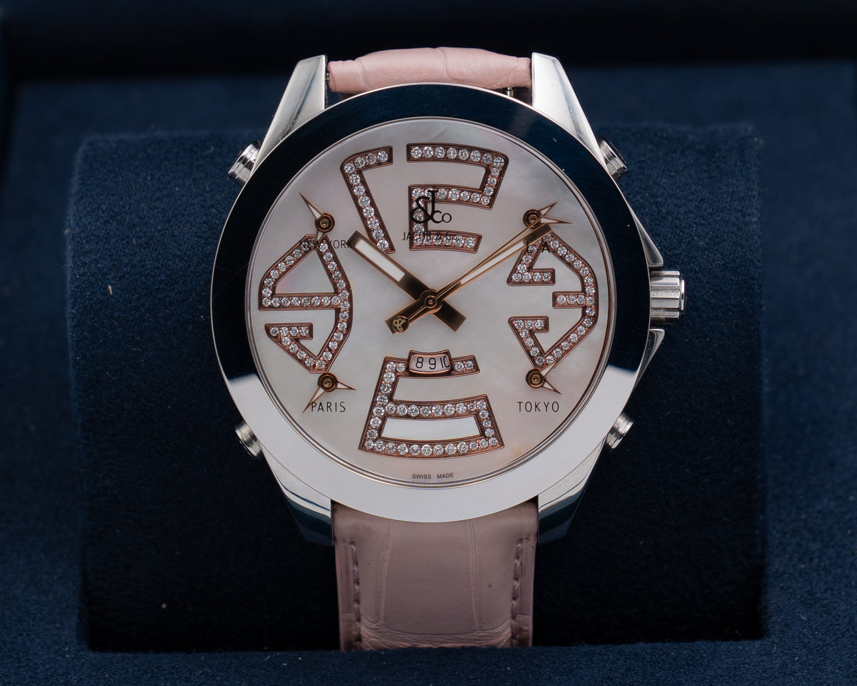 Jacob & Co 47mm Five Time Zone Mother of Pearl on Pink Strap