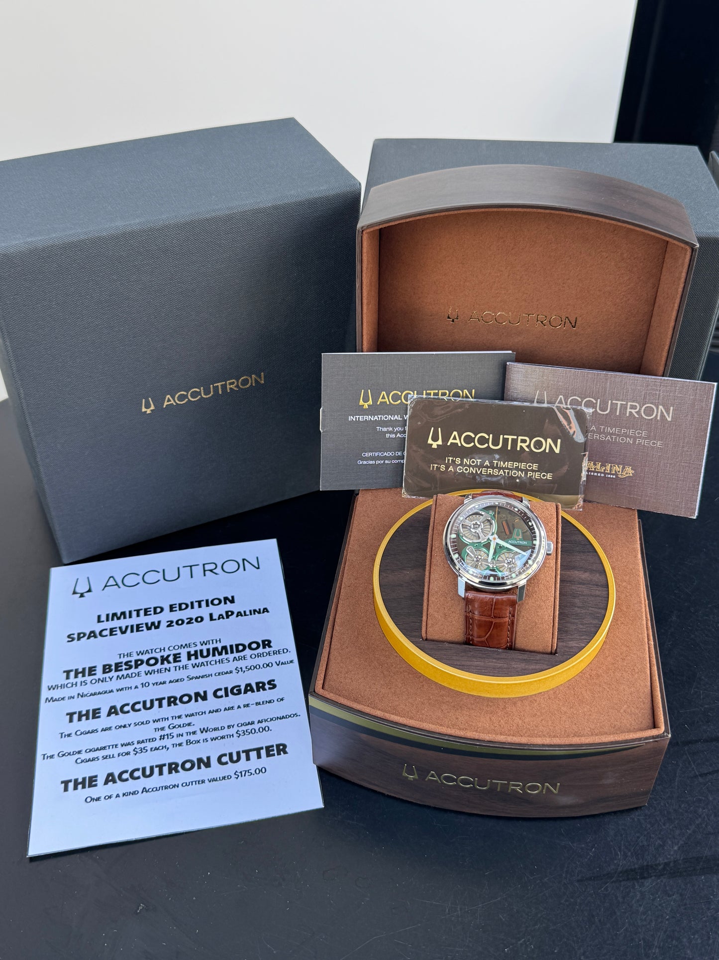 UNWORN Accutron Spaceview 2020 x La Palina Cigars 43.5mm 2ES6A007 Brown and Green Electrostatic [$5,250 RETAIL]