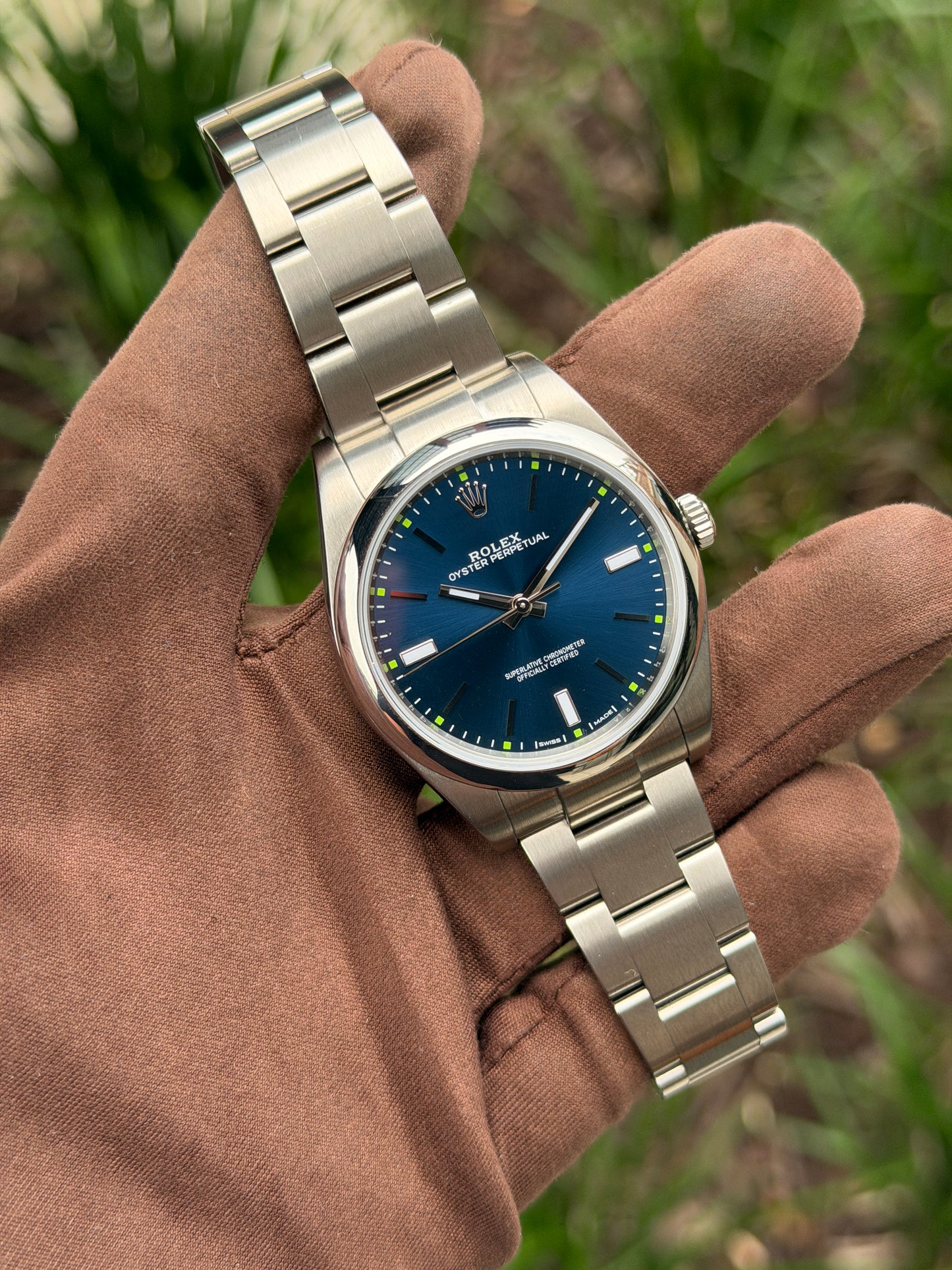 Rolex Oyster Perpetual 114300 39mm Blue With Green Markers 2017