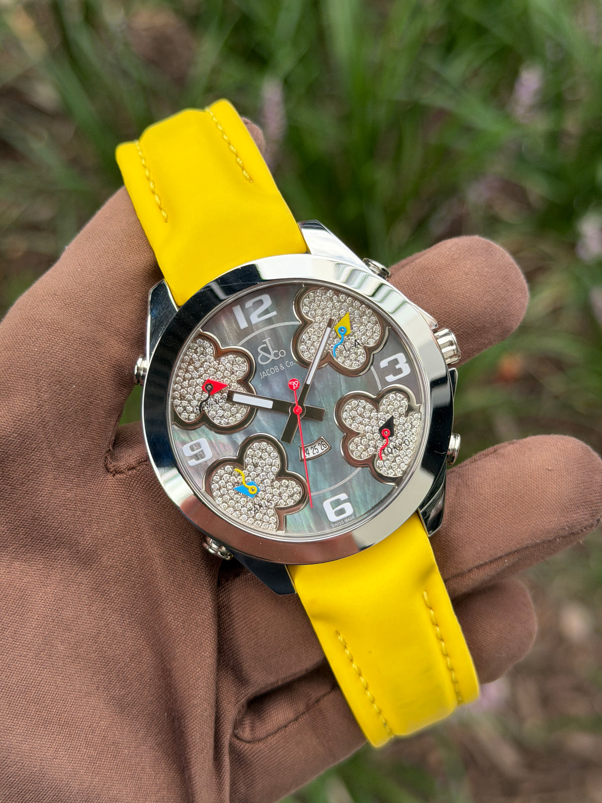 Jacob & Co Five Time Zone Mother of Pearl Diamond Flowers Yellow Strap