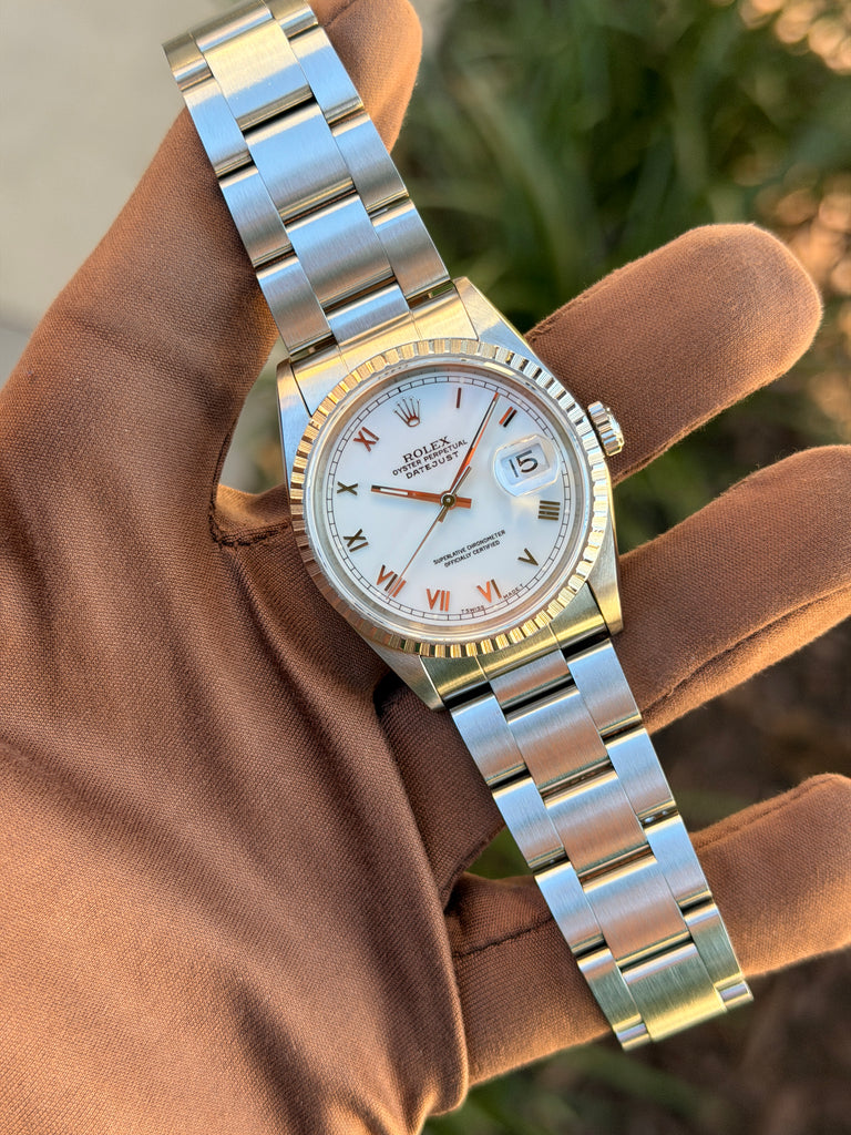 Rolex Datejust 36mm 16220 Engine Turned Bezel White Roman Dial S-Serial
