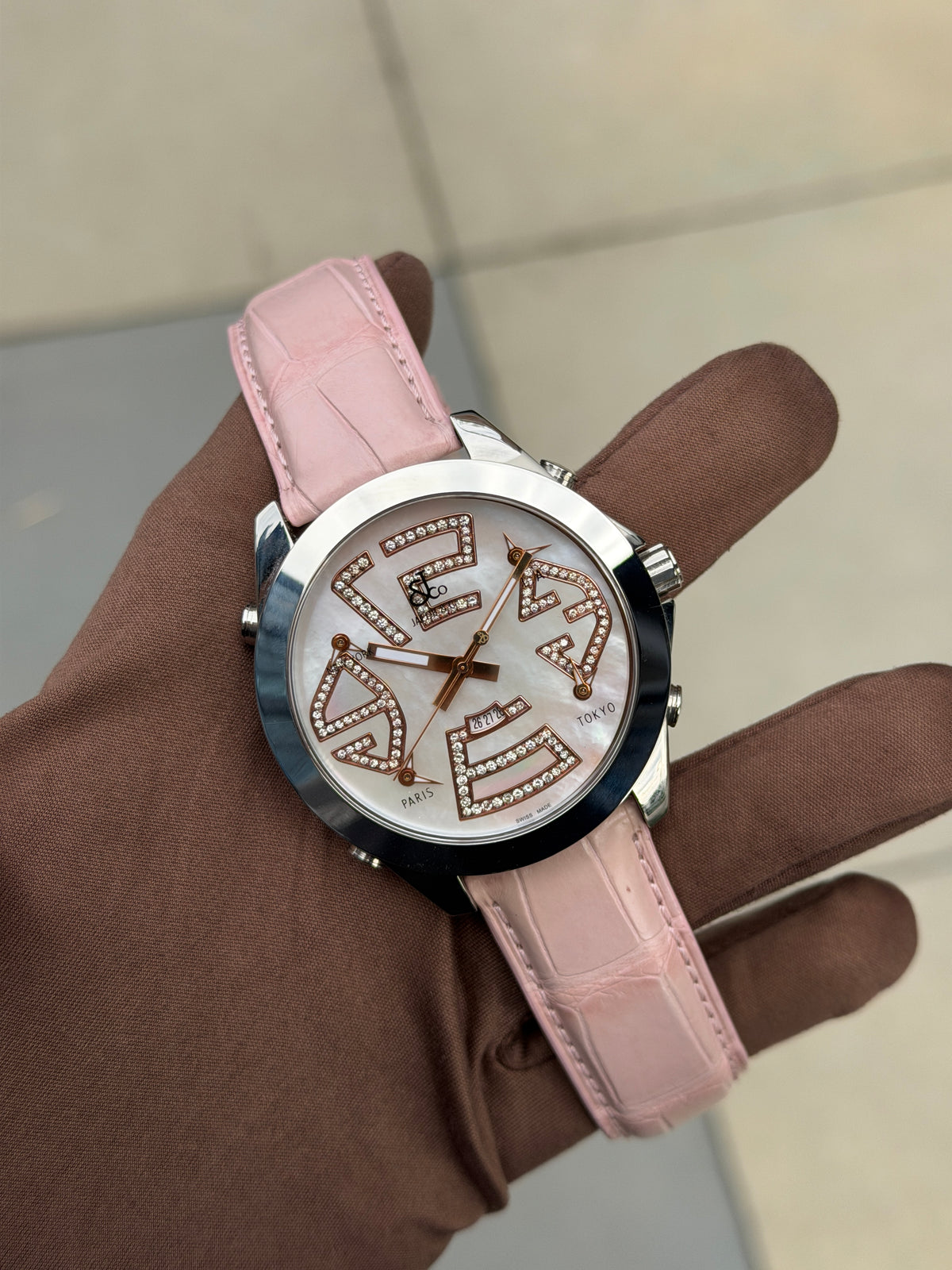 Jacob & Co 47mm Five Time Zone Mother of Pearl on Pink Strap
